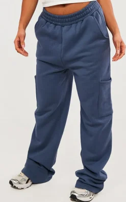 Blue Grey Elasticated Waist Pocket Cargo Straight Leg Sweatpants