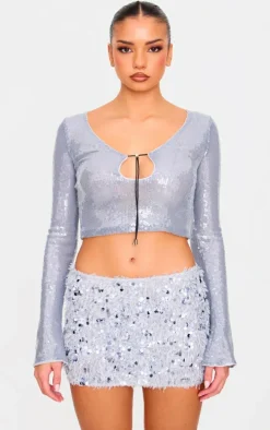 Blue Grey Faux Feather Sequin Micro Mini Skirt
