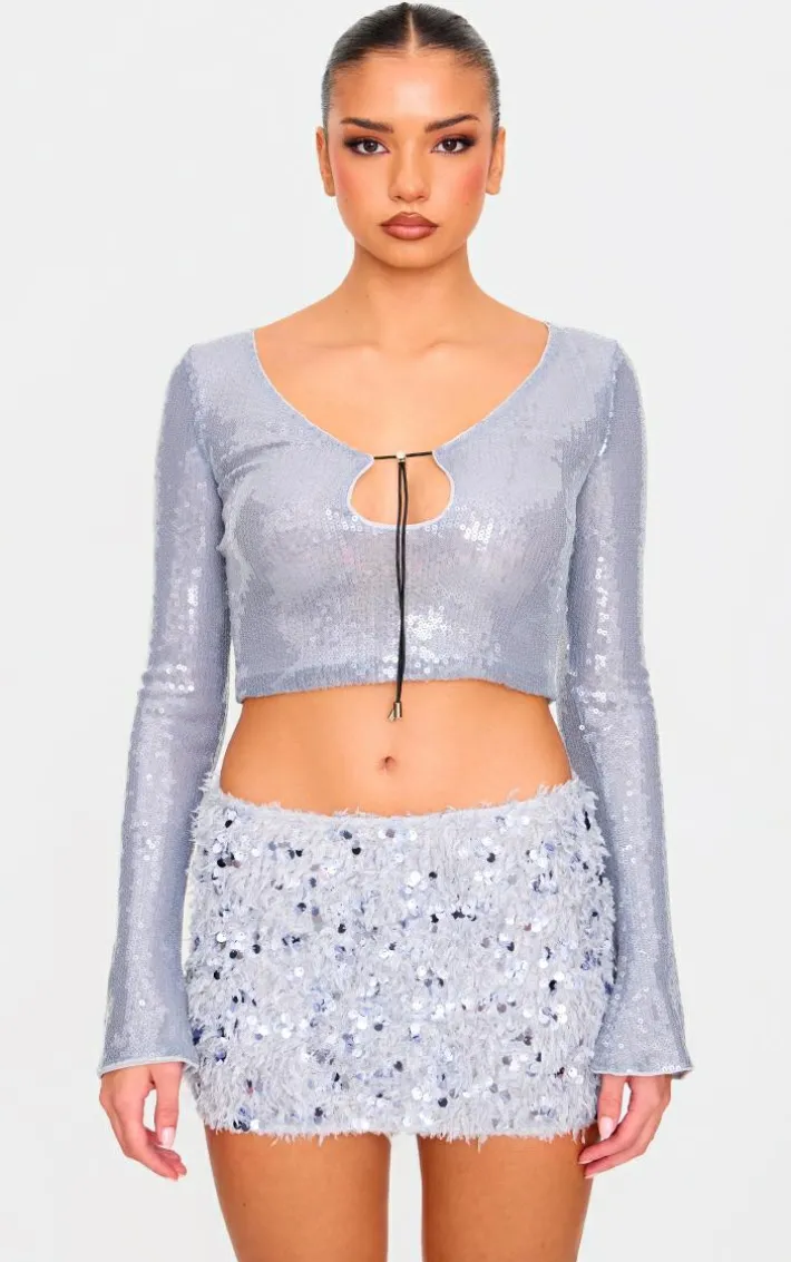 Blue Grey Faux Feather Sequin Micro Mini Skirt