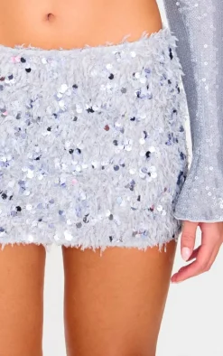 Blue Grey Faux Feather Sequin Micro Mini Skirt