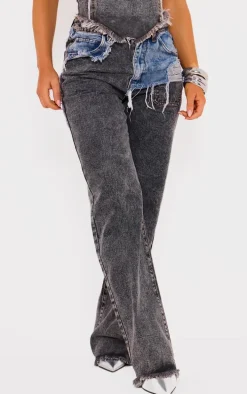 Blue Grey Layered Raw Hem Straight Leg Jeans
