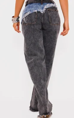 Blue Grey Layered Raw Hem Straight Leg Jeans