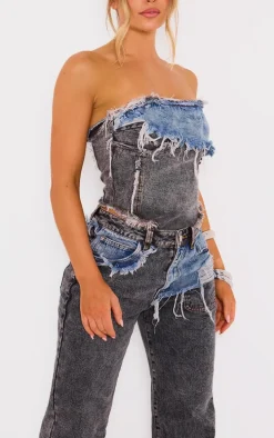 Blue Grey Layered Raw Hem Straight Leg Jeans