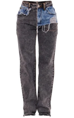 Blue Grey Layered Raw Hem Straight Leg Jeans