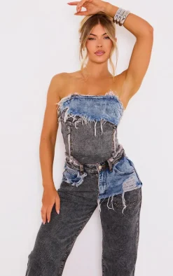 Blue Grey Layered Raw Hem Bandeau Denim Top
