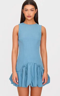 Blue Grey Pinstripe Racer Puffball Mini Dress
