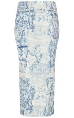 Blue Grey Renaissance Print Woven Low Rise Midaxi Skirt