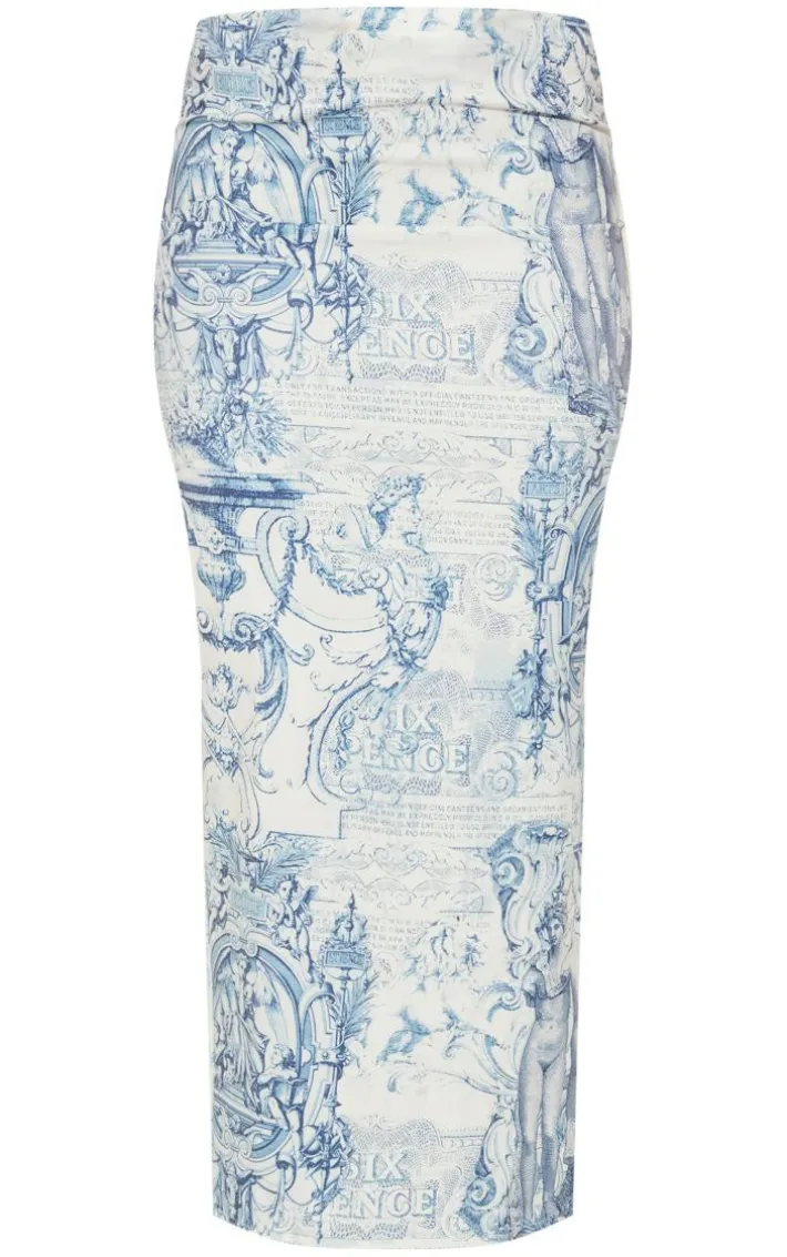 Blue Grey Renaissance Print Woven Low Rise Midaxi Skirt