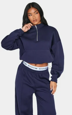 Blue Grey Rib Pocket Seam Detail Half Zip Sweatshirt