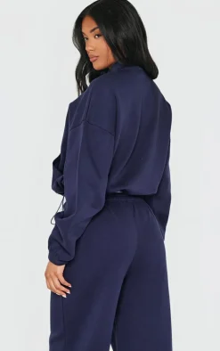 Blue Grey Rib Pocket Seam Detail Half Zip Sweatshirt