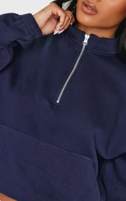Blue Grey Rib Pocket Seam Detail Half Zip Sweatshirt