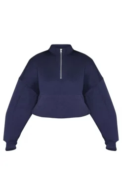 Blue Grey Rib Pocket Seam Detail Half Zip Sweatshirt