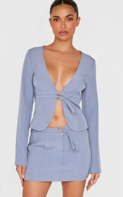 Blue Grey Tailored Woven Buckle Detail Long Sleeve Top