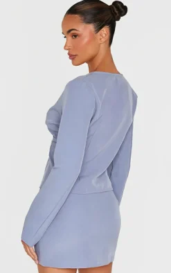 Blue Grey Tailored Woven Buckle Detail Long Sleeve Top