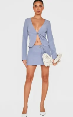 Blue Grey Tailored Woven Buckle Detail Low Rise Mini Skirt