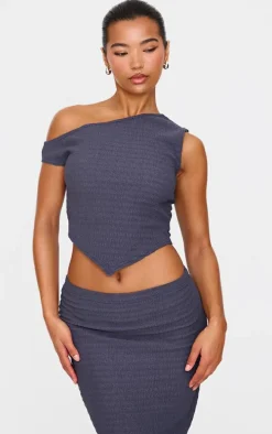 Blue Grey Textured Asymmetric Off The Shoulder Top