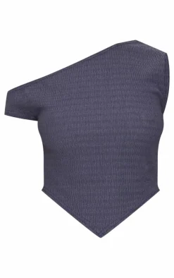 Blue Grey Textured Asymmetric Off The Shoulder Top