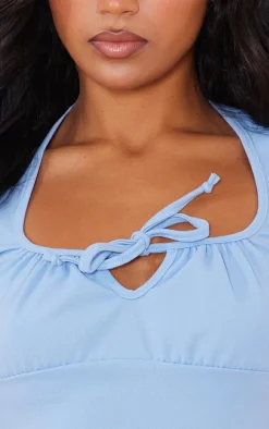 Blue Grey Tie Front Crop Top