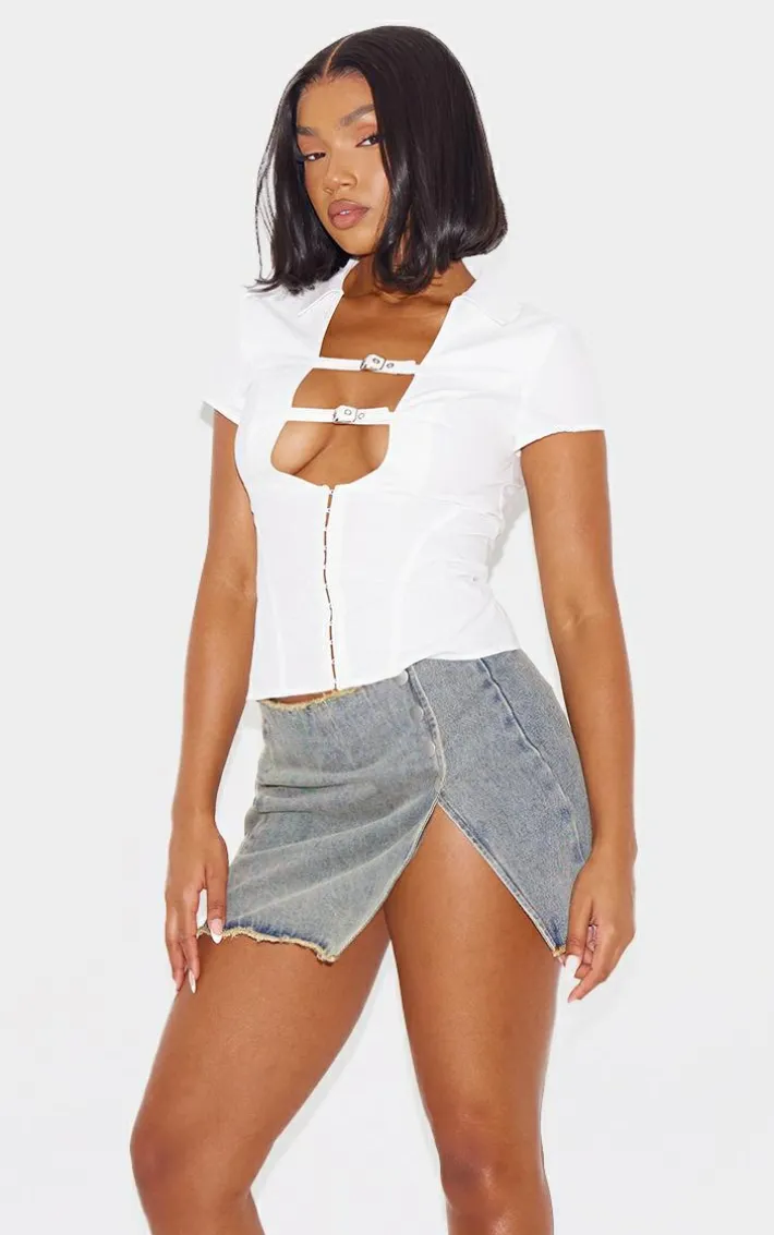 Blue Grey Vintage Wash Frayed Hem Studded Front Split Denim Mini Skirt