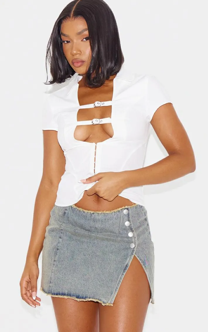 Blue Grey Vintage Wash Frayed Hem Studded Front Split Denim Mini Skirt