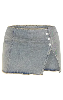 Blue Grey Vintage Wash Frayed Hem Studded Front Split Denim Mini Skirt