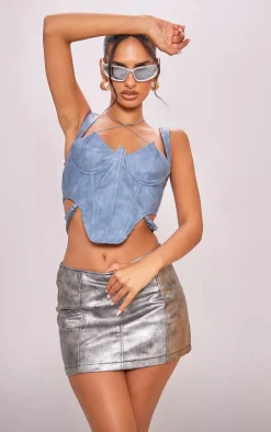 Blue Grey Washed Faux Leather Cross Halterneck Dip Hem Corset