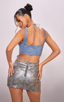 Blue Grey Washed Faux Leather Cross Halterneck Dip Hem Corset