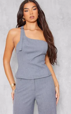Blue Grey Woven Tailored One Shoulder Long Top