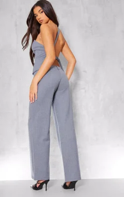 Blue Grey Woven Tailored One Shoulder Long Top