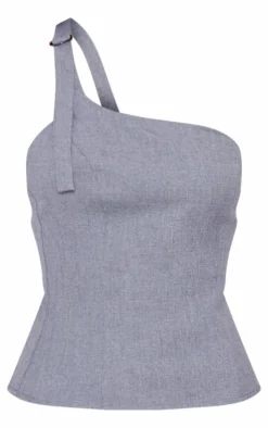 Blue Grey Woven Tailored One Shoulder Long Top