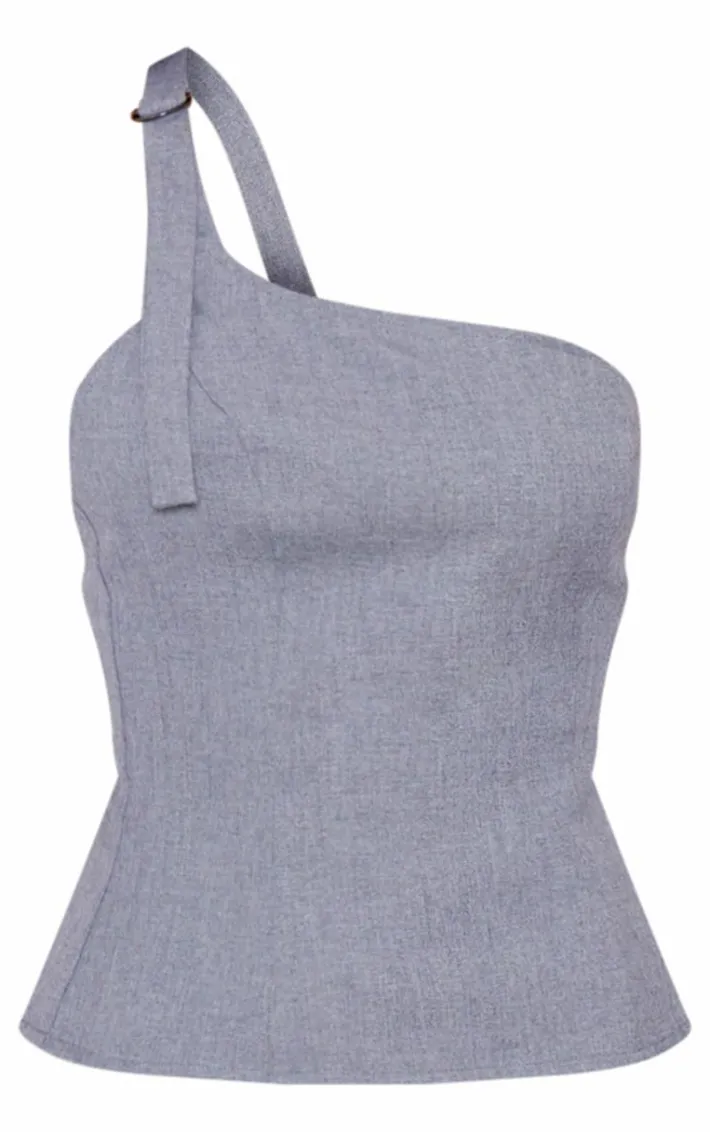 Blue Grey Woven Tailored One Shoulder Long Top