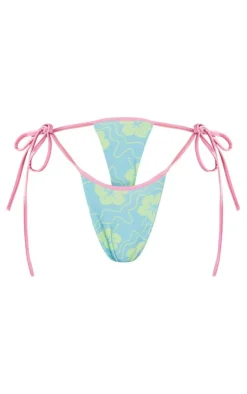 Blue Hawaiian Print Contrast Binding Tie Side Bikini Bottoms
