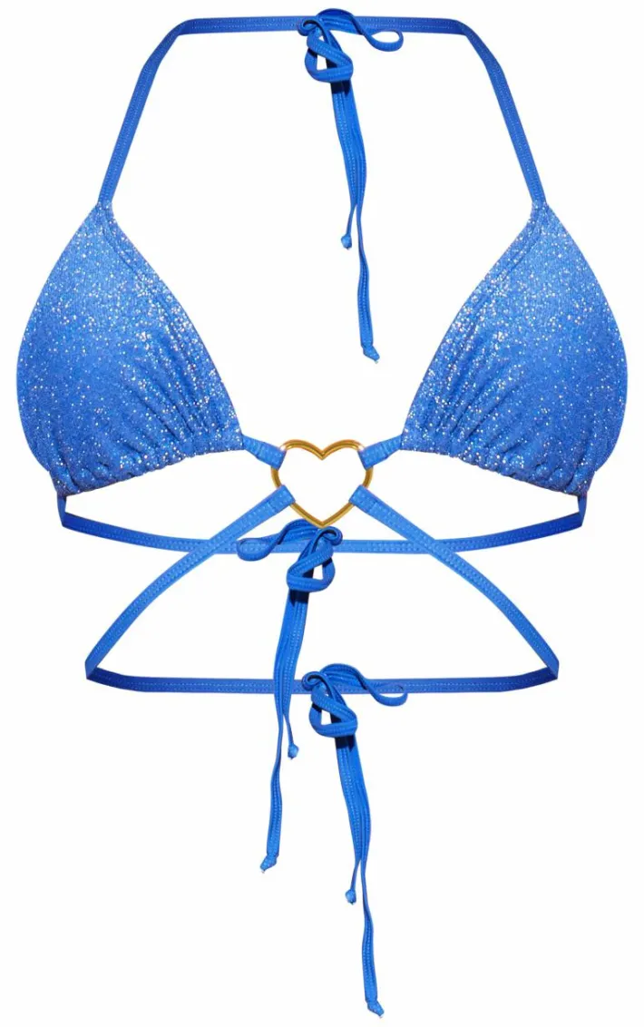 Blue Heart Trim Glitter Triangle Bikini Top