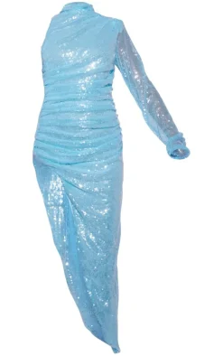 Blue High Neck One Shoulder Ruched Slit Maxi Dress