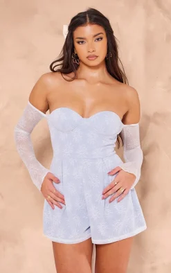 Blue Lace Bardot Sleeve Pintuck Romper
