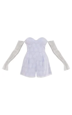 Blue Lace Bardot Sleeve Pintuck Romper
