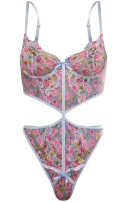 Blue Lace Floral Print Cut Out Detail Body