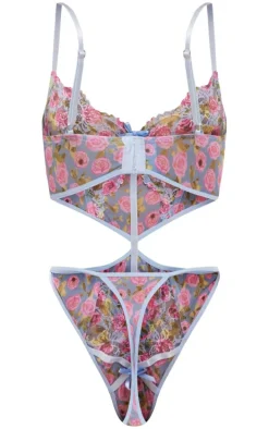 Blue Lace Floral Print Cut Out Detail Body