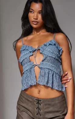 Blue Lace Ruffle Double Tie Strappy Top