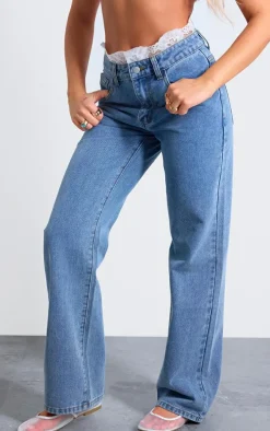 Blue Lace Waistband High Waist Straight Leg Jeans