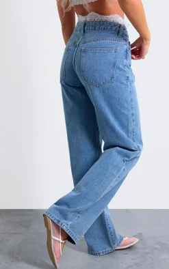 Blue Lace Waistband High Waist Straight Leg Jeans