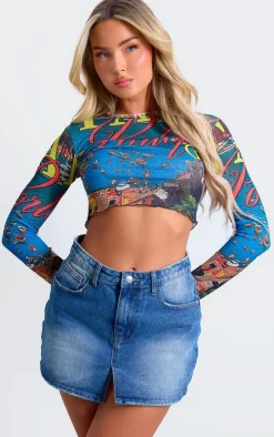 Blue Landscape Graphic Flared Sleeve Crop Top