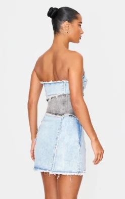 Blue Layered Denim Bandeau Mini Dress
