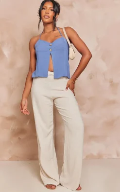 Blue Linen Button Detail Halterneck Split Front Longline Cami Top