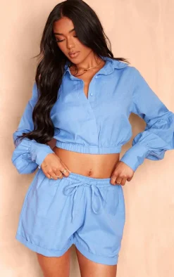 Blue Linen Look Elastic Waist Tie Detail Shorts