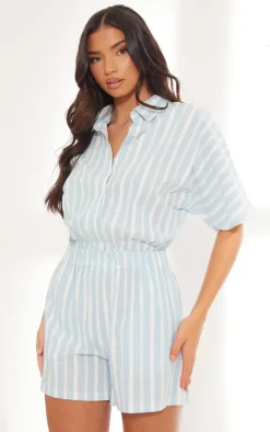 Blue Linen Look Pinstripe Button Up Shirt Detail Romper