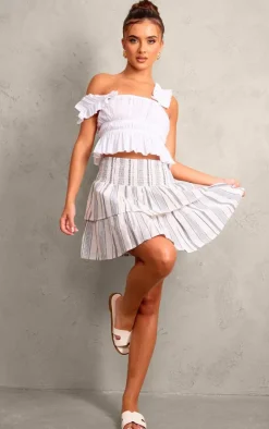 Blue Linen Look Stripe Shirred Waist Tiered Mini Skirt