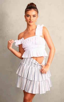 Blue Linen Look Stripe Shirred Waist Tiered Mini Skirt