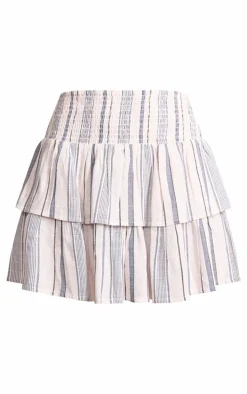 Blue Linen Look Stripe Shirred Waist Tiered Mini Skirt