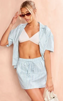 Blue Linen Look Striped Elastic Waist Mini Skirt
